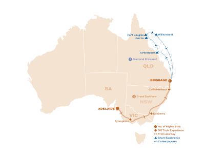 Explore the east coast of Australia as you enjoy a rail journey on the Great Southern from Adelaide to Brisbbane before boarding the Crowne Princess for a queensland coastal cruise